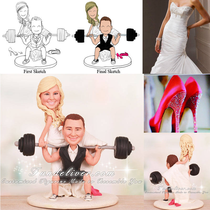 Squatting Groom Powerlifting Bride on Barbell Cake Toppers